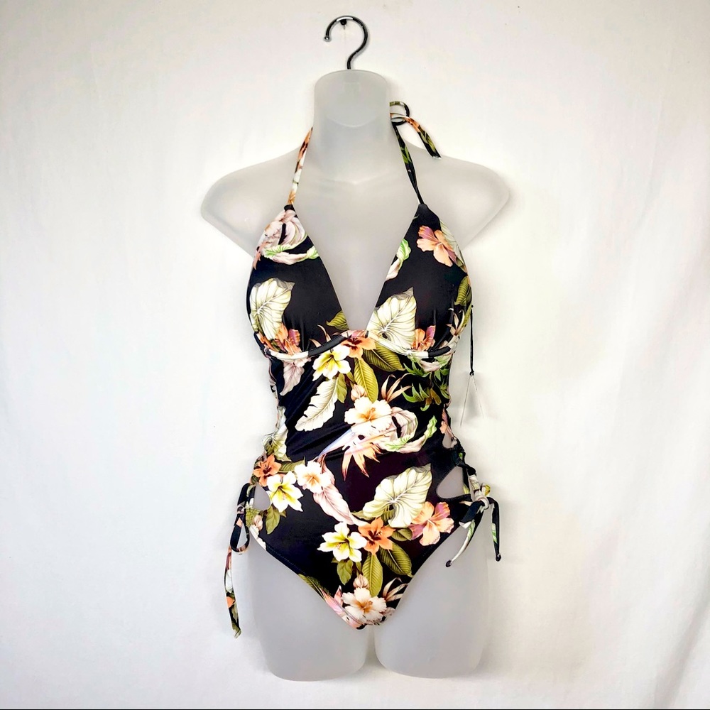 Shade & Shore Gray Floral Strappy One Piece